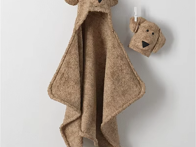 Cute Brown Bear Shaped Towel Set Hanging On White Wall With Small Companion Piece 3d model