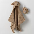 Cute Brown Bear Shaped Towel Set Hanging On White Wall With Small Companion Piece