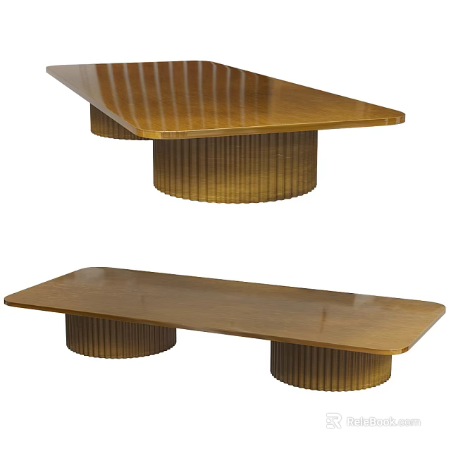 Modern Gold Coffee Table With Sleek Tabletop And Ribbed Cylindrical Base Design 3d model