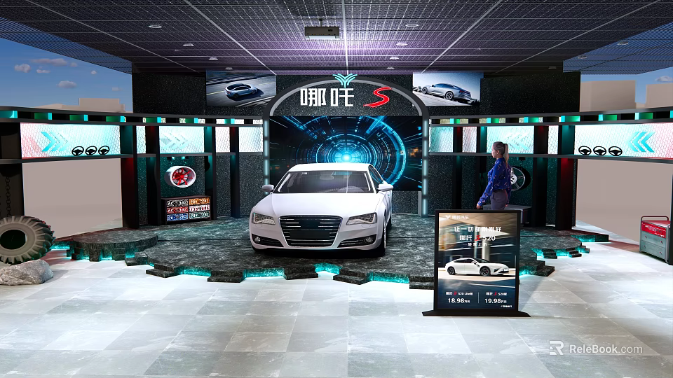 Car 4S Showroom Displaying White Luxury Sedan With Tech Background Screens 3d model 