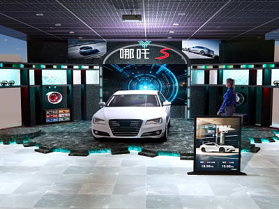 Car 4S Showroom Displaying White Luxury Sedan With Tech Background Screens 3d model