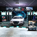 Car 4S Showroom Displaying White Luxury Sedan With Tech Background Screens