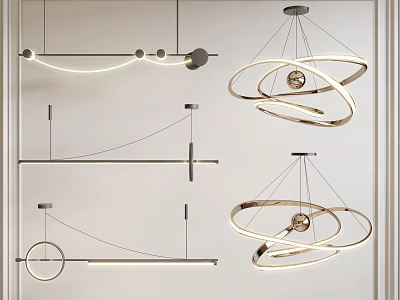 Modern Chandeliers with Circular Rings and Linear Structures for Interior Decoration 3d model