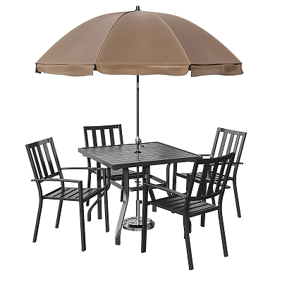 Outdoor Patio Table Set With Brown Umbrella And Black Metal Chairs 3d model