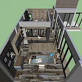 Modern Open Restaurant Interior With Dining Table Chairs Pendant Lights And Bookshelves