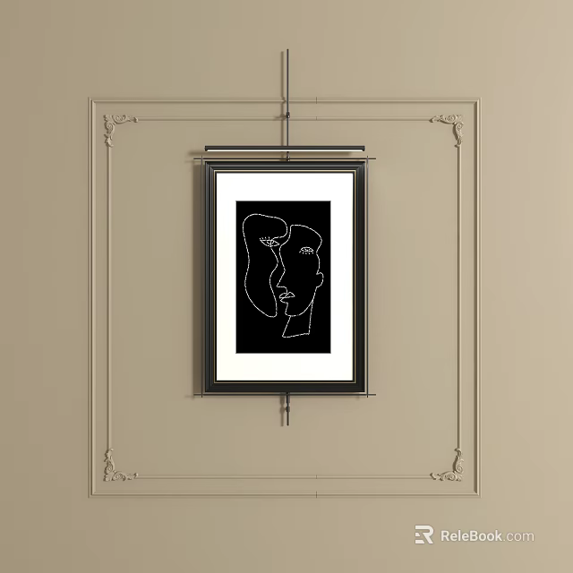 Abstract Painting With Line Art Face Profiles In Black Frame Hanging On Light Wall 3d model 