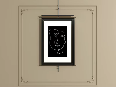 Abstract Painting With Line Art Face Profiles In Black Frame Hanging On Light Wall 3d model