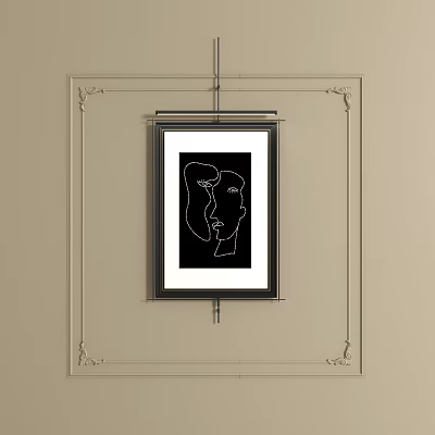 Abstract Painting With Line Art Face Profiles In Black Frame Hanging On Light Wall 3d model