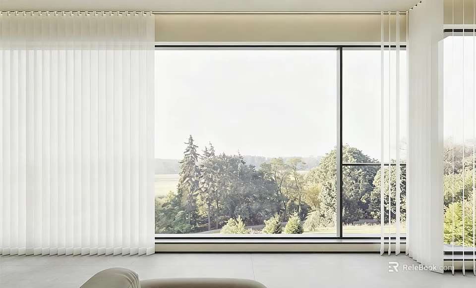 White Curtains in Modern Living Room with Large Window and Scenic Tree View 3d model 