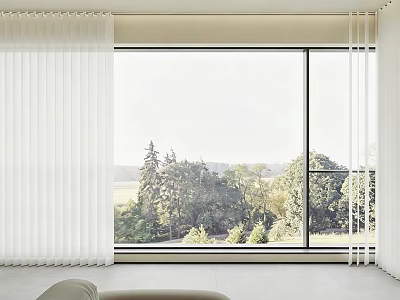 White Curtains in Modern Living Room with Large Window and Scenic Tree View 3d model