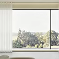 White Curtains in Modern Living Room with Large Window and Scenic Tree View