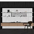 Elegant Modern Desk With White Shelves Beige Drawers And Black Chair On Herringbone Floor