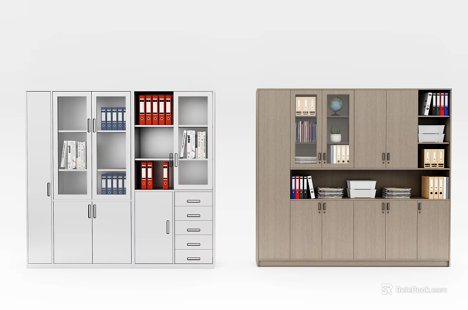 Modern White And Wooden Bookcase Design With Glass Doors Drawers And Shelves 3d model 