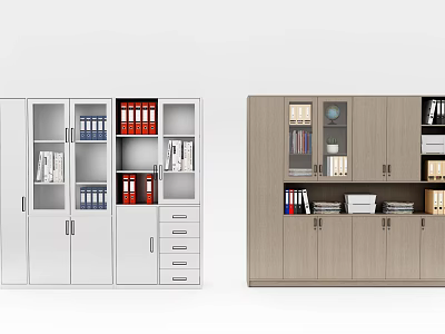 Modern White And Wooden Bookcase Design With Glass Doors Drawers And Shelves 3d model