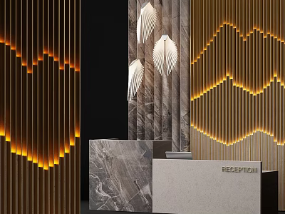 Elegant Reception Desk With Marble Countertop Golden Striped Panels And Warm Lighting 3d model