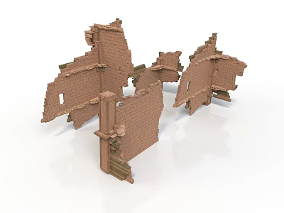 Broken Red Brick Wall Scene Components With Damaged Edges And Ruined Structures 3d model