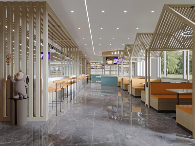 Modern Open Layout Restaurant Interior With Wooden Screens Marble Flooring And Orange Seats 3d model