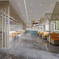 Modern Open Layout Restaurant Interior With Wooden Screens Marble Flooring And Orange Seats