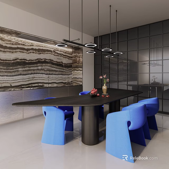 Modern Dining Table Set With Black Table Blue Chairs And Marble Wall Pendant Lights 3d model 