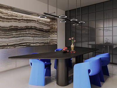 Modern Dining Table Set With Black Table Blue Chairs And Marble Wall Pendant Lights 3d model