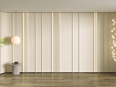 Minimalist Beige Bedroom Accent Wall With Vertical Stripes Spherical Pendant Light And Wooden Flooring 3d model