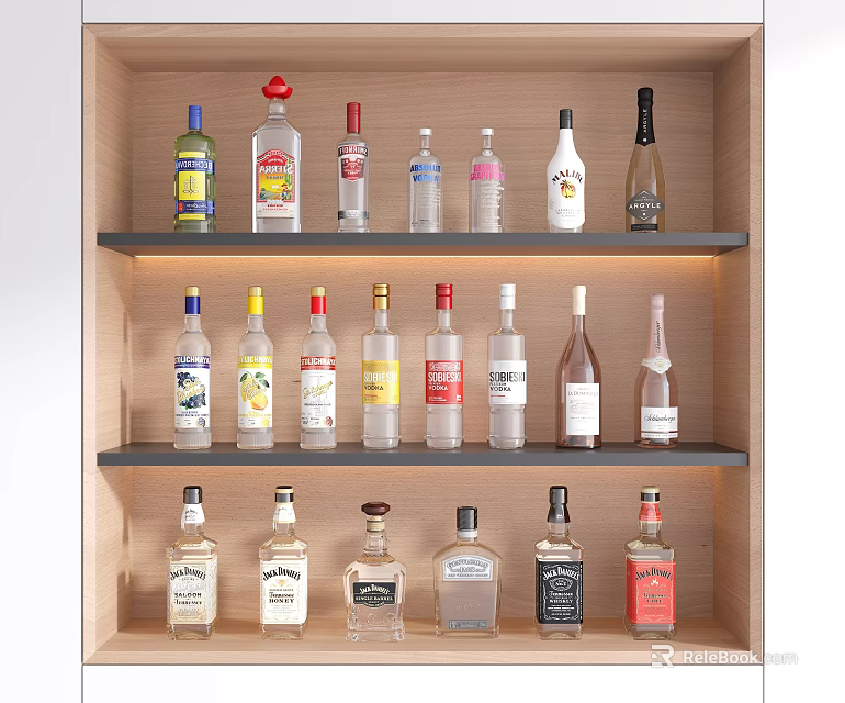 Various Liquor Bottles Arranged on Multi Layer Wooden Shelf 3d model 