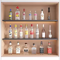 Various Liquor Bottles Arranged on Multi Layer Wooden Shelf 3d model