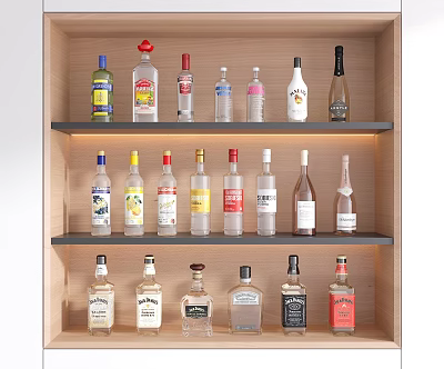 Various Liquor Bottles Arranged on Multi Layer Wooden Shelf 3d model