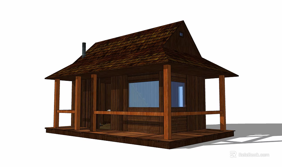 Rustic Wooden Cabin With Gabled Roof Front Porch And Windows Exterior 3d model 
