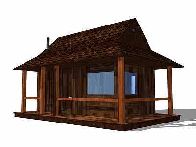 Rustic Wooden Cabin With Gabled Roof Front Porch And Windows Exterior 3d model