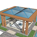 Garden Pavilion With Wooden Frame Glass Roof By Water And Greenery Seating Area