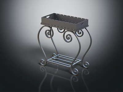 Decorative Metal Stand With Tray Top Lower Shelf And Scroll Iron Frame Design 3d model