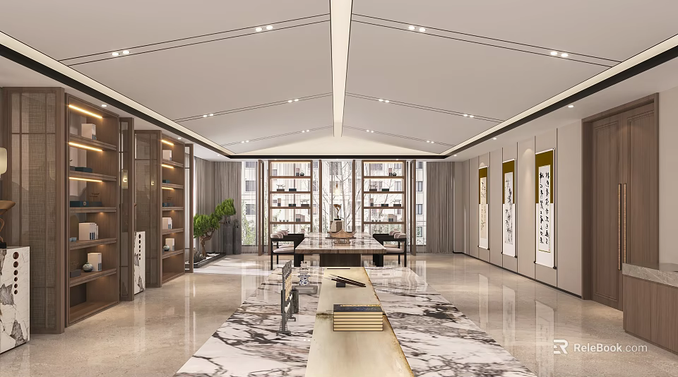Chinese Style Study Room Interior Design With Bookshelves Display Cabinets And Calligraphy Artworks 3d model 