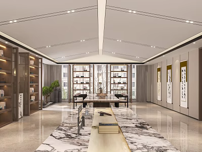 Chinese Style Study Room Interior Design With Bookshelves Display Cabinets And Calligraphy Artworks 3d model