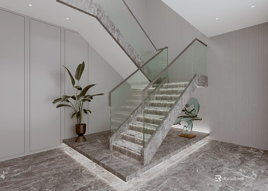 Elegant Modern Staircase With Marble Steps Glass Railing And Indoor Plant Decor 3d model 