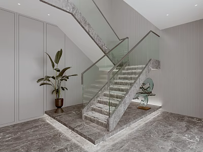 Elegant Modern Staircase With Marble Steps Glass Railing And Indoor Plant Decor 3d model