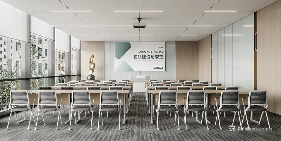 Modern Conference Room Interior With Projector Screen Team Building Theme Arranged Tables And Chairs 3d model 