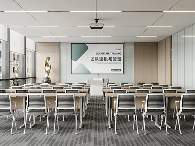 Modern Conference Room Interior With Projector Screen Team Building Theme Arranged Tables And Chairs 3d model