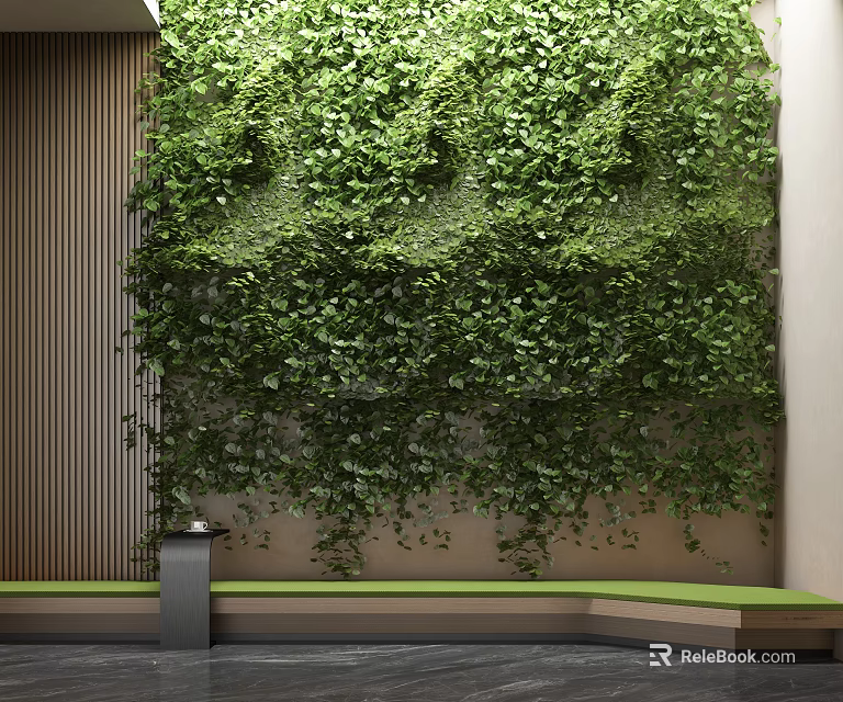 Modern Indoor Living Plant Wall Decor With Wooden Panel And Bench 3d model 