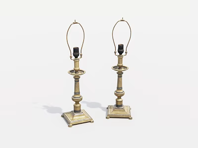 Pair of Brass Table Lamps with Square Bases Decorative Columns and Curved Metal Brackets 3d model