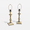 Pair of Brass Table Lamps with Square Bases Decorative Columns and Curved Metal Brackets