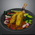 Fried Skewers With Fresh Vegetables Lime Slices And Spices On Dark Stone Plate
