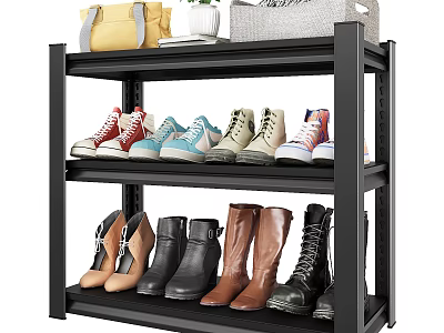 Black Multi Tier Shoe Rack Organizer with Sneakers Boots and Bags Storage 3d model