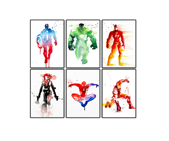 Modern Abstract Painting Marvel Poster Avengers Cartoon Decorative Painting Cartoon Watercolor Children's Room Wall Mural 3d model