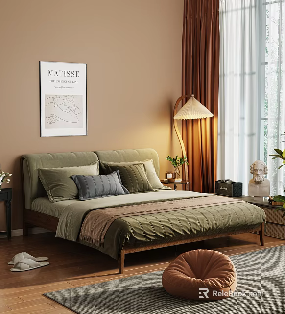 Cozy Modern Bedroom Interior With Green Bed Matisse Poster Floor Lamp And Curtains 3d model 