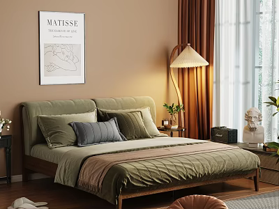 Cozy Modern Bedroom Interior With Green Bed Matisse Poster Floor Lamp And Curtains 3d model