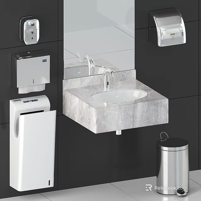 Daily Washing Supplies in Modern Washroom Featuring Marble Sink Dispensers and Trash Can 3d model 
