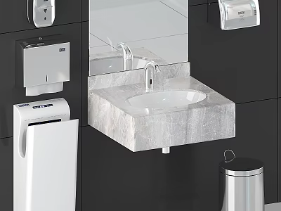 Daily Washing Supplies in Modern Washroom Featuring Marble Sink Dispensers and Trash Can 3d model