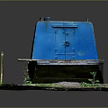 Blue Cabin Water Barge With Red Deck And Mossy Platform Structure