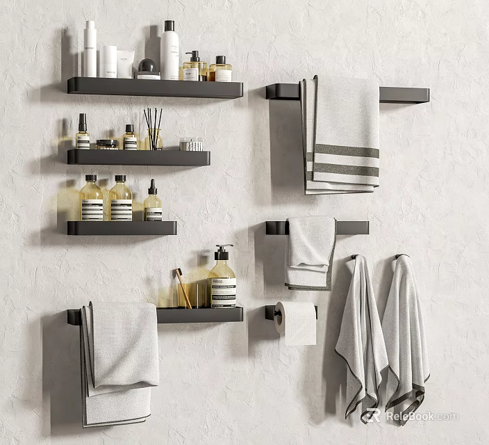 Bathroom Accessories With Black Shelves Towels And Toiletries On Gray Wall 3d model 